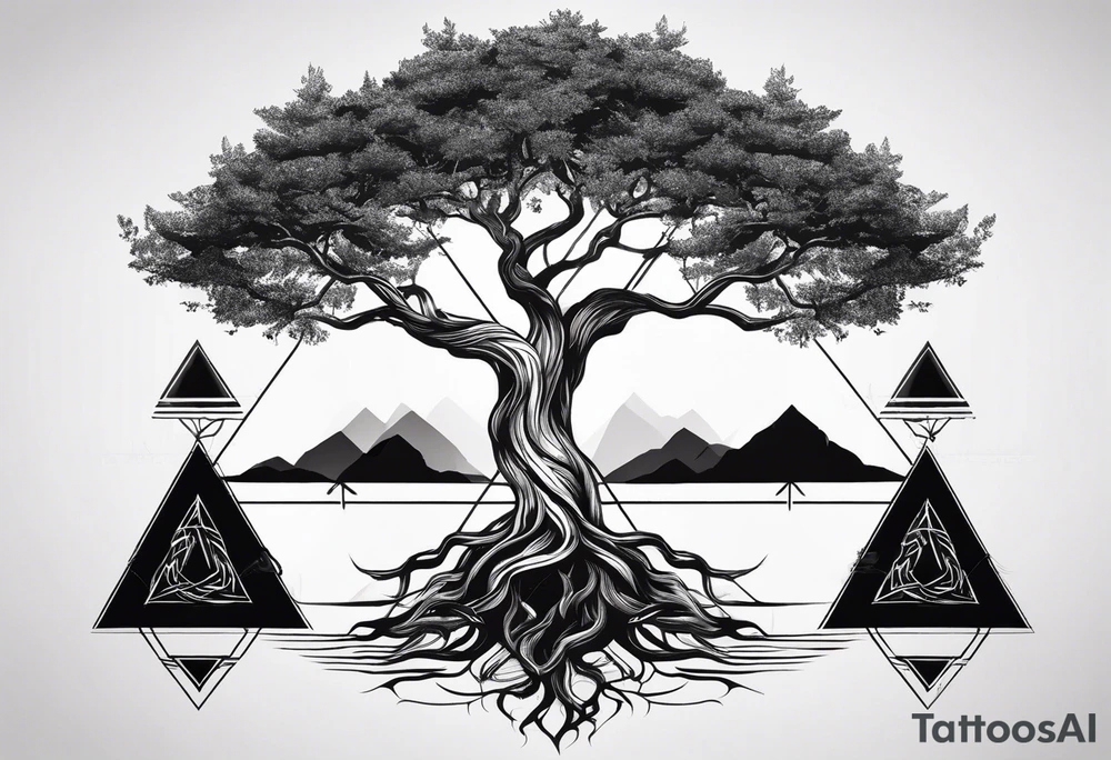 minimalistic Yggdrasil tree with 3 triangles set behind it tattoo idea minimalistic Yggdrasil tree with 3 triangles set behind it tattoo idea
