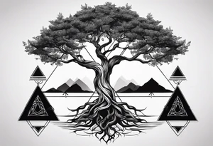 minimalistic Yggdrasil tree with 3 triangles set behind it tattoo idea