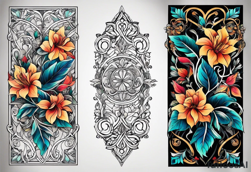 Bold geometric tapestry trident vines floral in colour on arm tattoo idea