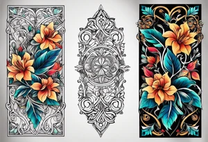 Bold geometric tapestry trident vines floral in colour on arm tattoo idea