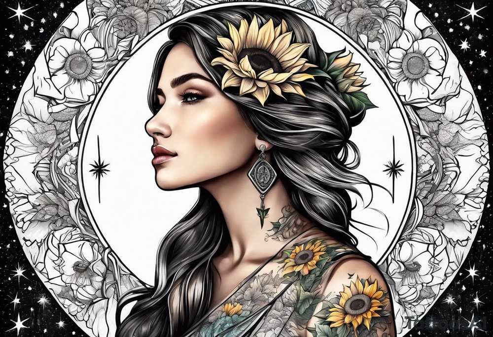 elegant tattoo with sunflower surrounded by cosmic stars and arrow tattoo idea