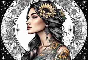 elegant tattoo with sunflower surrounded by cosmic stars and arrow tattoo idea