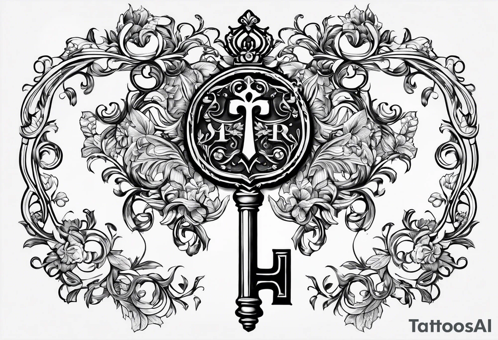 The word KEYRA made as an antique key with the two teeth being the alphabetical letter RA tattoo idea