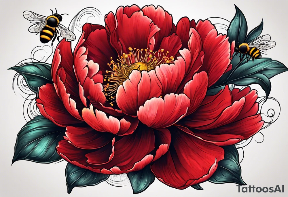 red peony with bee tattoo idea