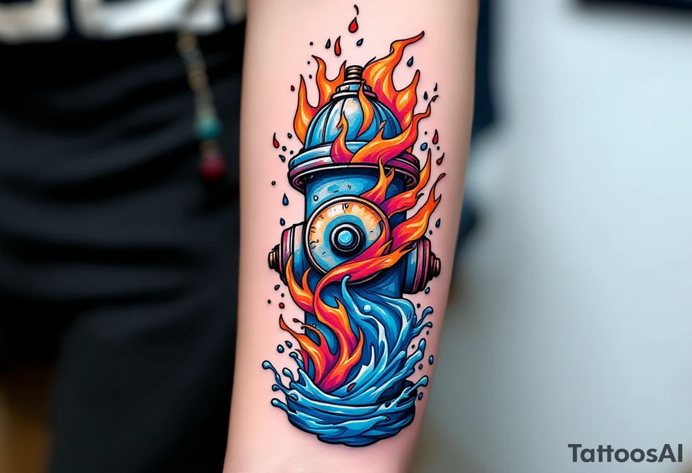 A detailed fire hydrant wrapped in a swirling water-and-flame motif, blending cool blue with fiery red and orange tones. tattoo idea