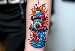 A detailed fire hydrant wrapped in a swirling water-and-flame motif, blending cool blue with fiery red and orange tones. tattoo idea