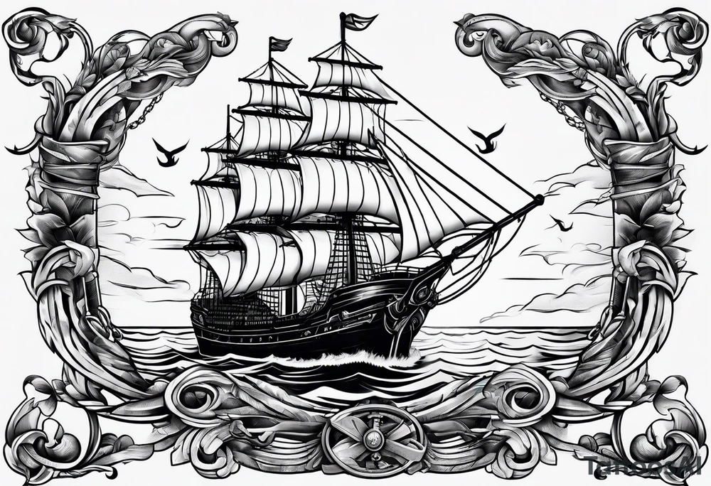 Traditional ship with anchor hanging down by a chain tattoo idea Traditional ship with anchor hanging down by a chain tattoo idea