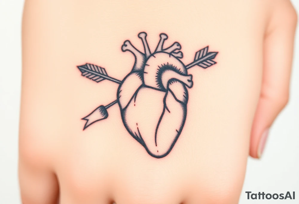 anatomical heart pierced by ornate arrow with flowing ribbons tattoo idea