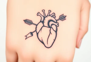 anatomical heart pierced by ornate arrow with flowing ribbons tattoo idea