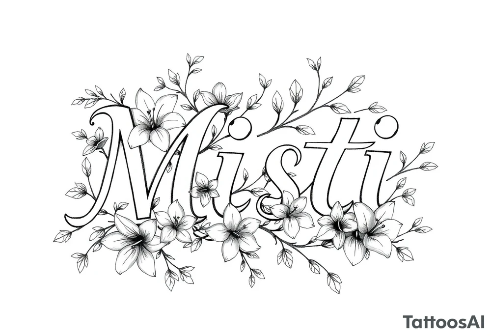 The word Misti surrounded by flowers, lilies. Vine in the letters. tattoo idea