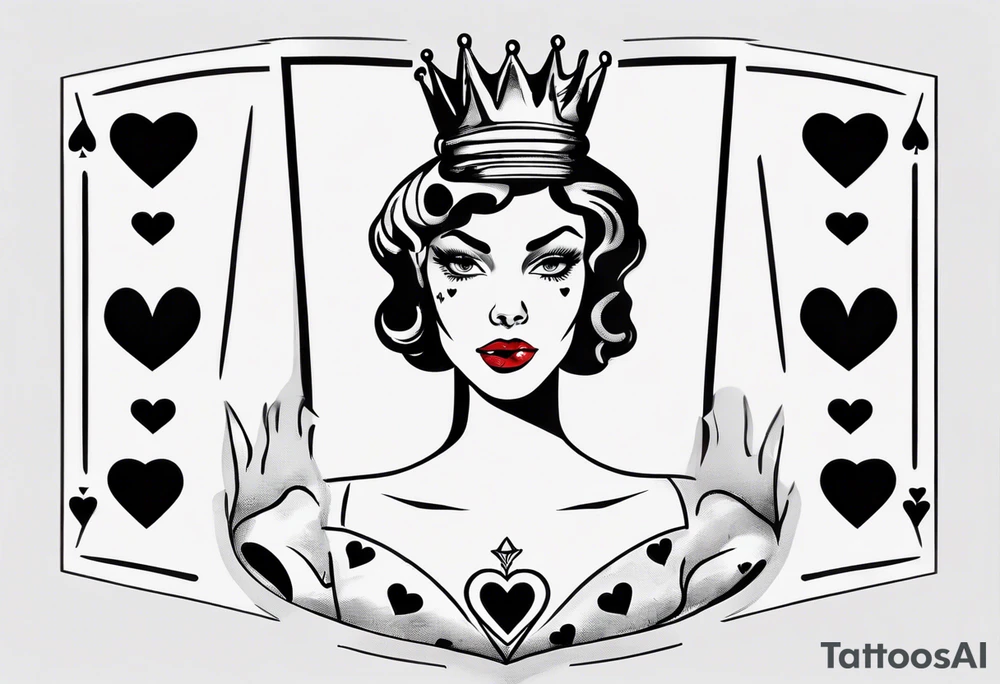 pin-up queen of hearts with a crown and eyes without pupils or irises tattoo idea