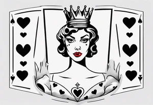 pin-up queen of hearts with a crown and eyes without pupils or irises tattoo idea