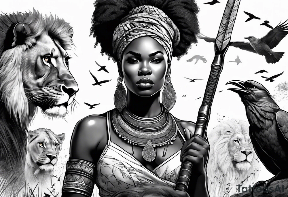 African woman warrior holding a spear with a mean look on her face with birds in the background and lion tattoo idea