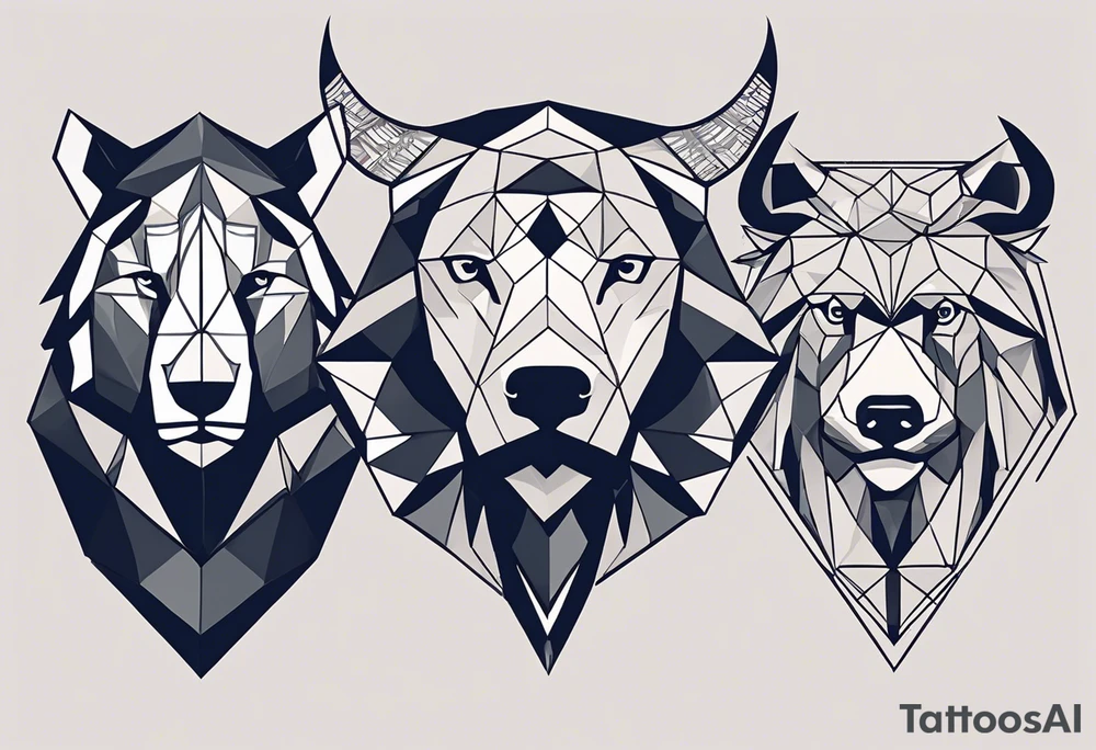 Words: Courage, determination, patience, focus, resilience. Image: Geometric eagle face, bull and bear faces divided by the financial market dump and pump. Graphics, symbols of intelligence interconnected with books and studies that represent the search for knowledge as a person guided by humanity and human philosophy. Image for the right arm and right forearm. Use geometric shapes and lines to connect images. all imagens unity tattoo idea