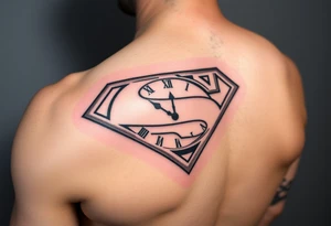 Superman sign in background names: Emma Ava Blakleigh Deacon Griffin broken clock sands of time sleeve tattoo idea