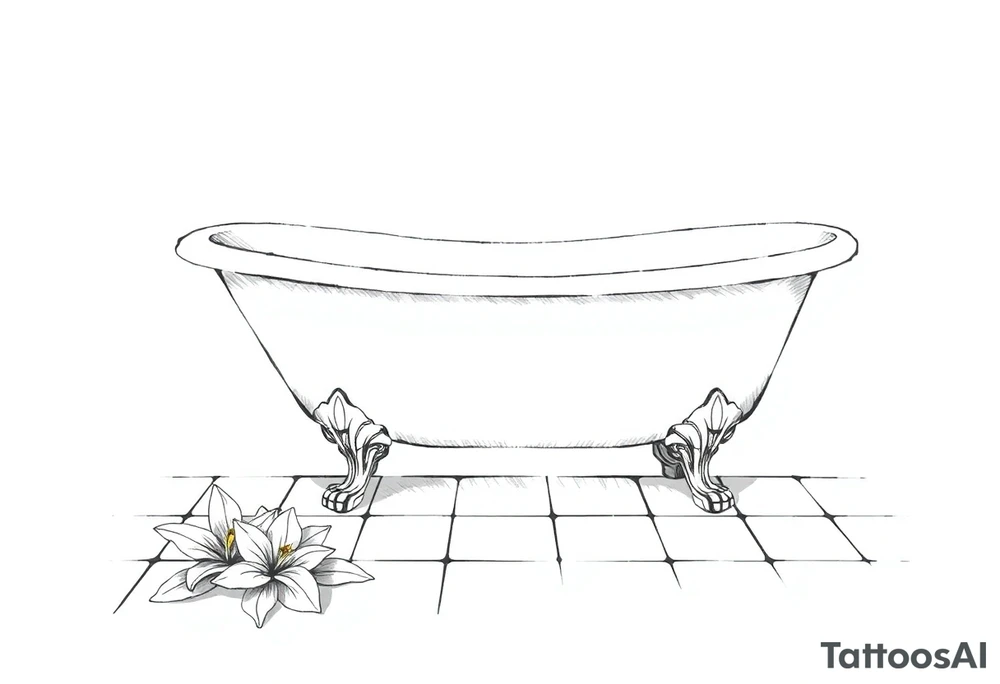 Clawfoot bathtub with lily coming up from tile floor tattoo idea