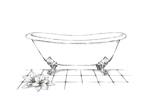 Clawfoot bathtub with lily coming up from tile floor tattoo idea
