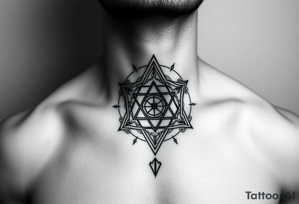 wide sacred geometry throat tattoo with several symbols combined tattoo idea