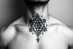 wide sacred geometry throat tattoo with several symbols combined tattoo idea