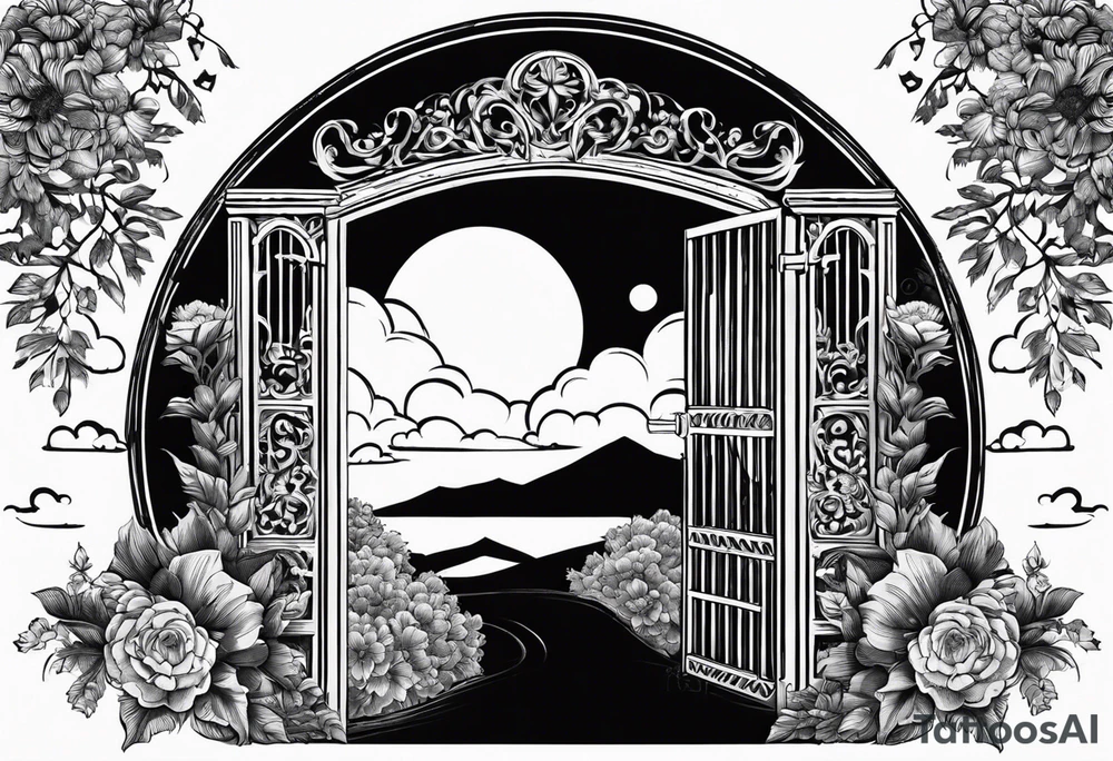night Nazareth mountains garden gate entrance
in circle vignette surrounded by clouds floral tattoo idea