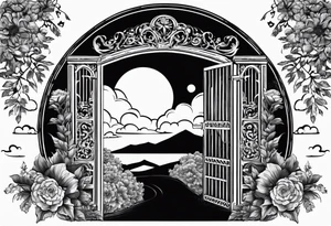 night Nazareth mountains garden gate entrance 
 in circle vignette surrounded by clouds floral tattoo idea