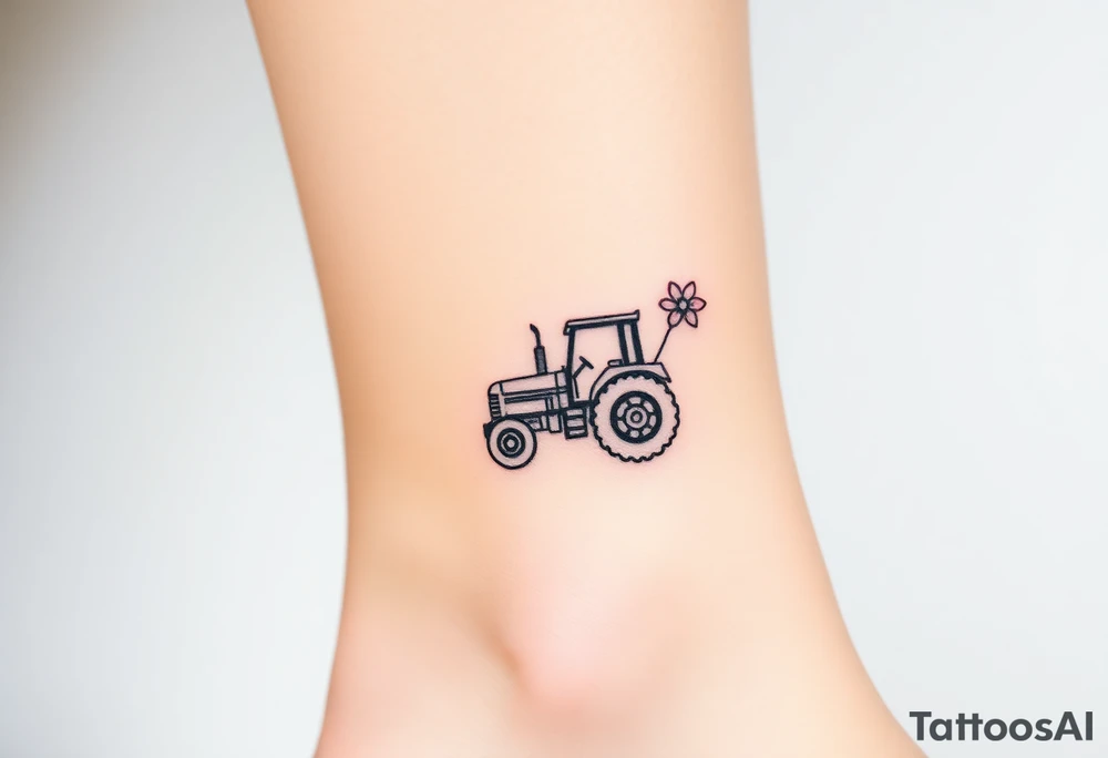 Petite small tractor with two flowers on it tattoo idea