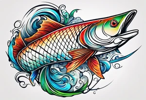 wide swirl of red, blue, orange, green with fish hooks tattoo idea
