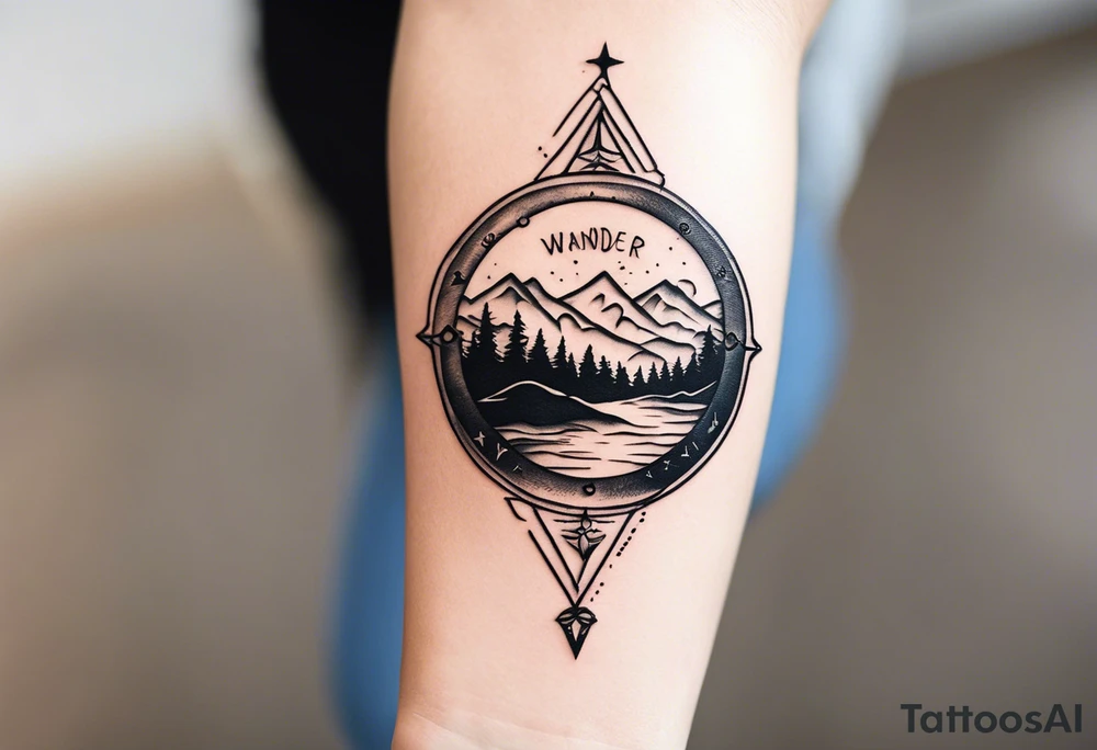 A half sleeve tattoo that features the quote **"Not all who wander are lost"** in elegant script on the outer forearm. Surrounding it are a compass rose and flowing elements like mountains, waves, and trees, symbolizing adventure and nature. Small travel icons like a plane and backpack are interspersed, enhancing the theme of exploration. The design uses a dynamic look that wraps naturally around your forearm. tattoo idea