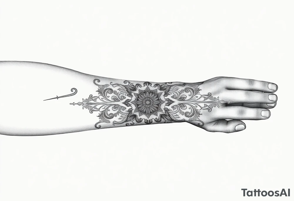 Ornamental Blackwork Von den Fingern über die ganze Hand bis zum Ellenbogen tattoo idea