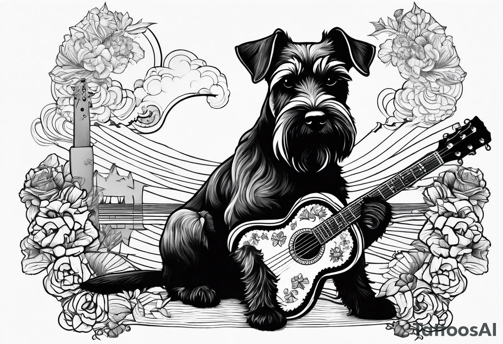 Miniature schnauzer playing guitar tattoo idea