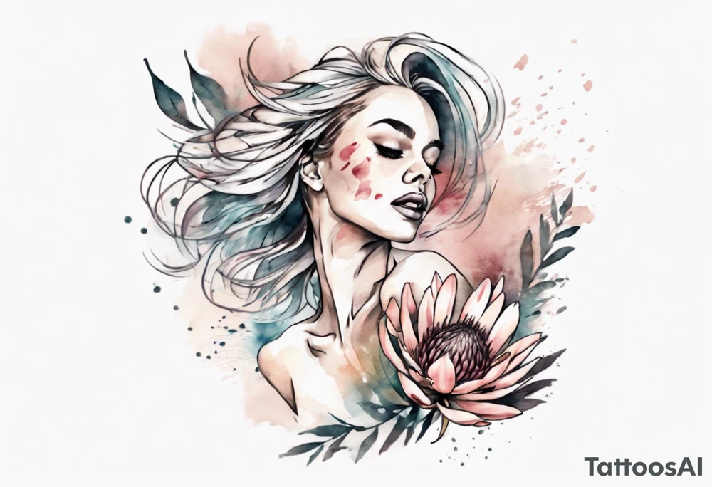 Very feminine tattoo with a woman dancing in a wind of protea flowers tattoo idea