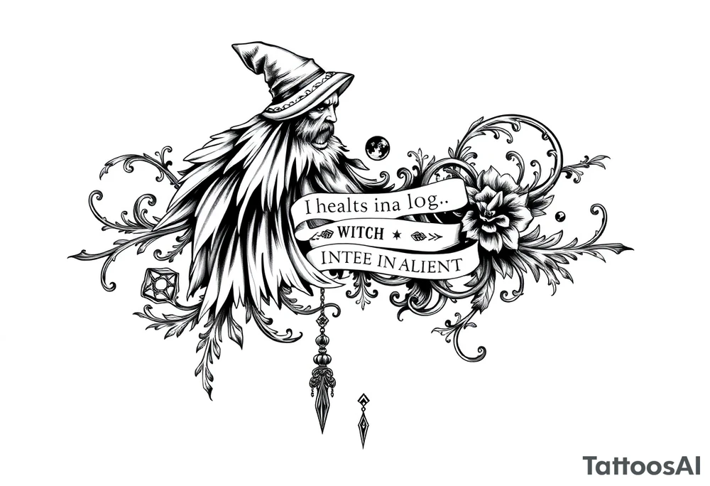 mystical and long ornament with witch mytolog and ancient rhyme tattoo idea