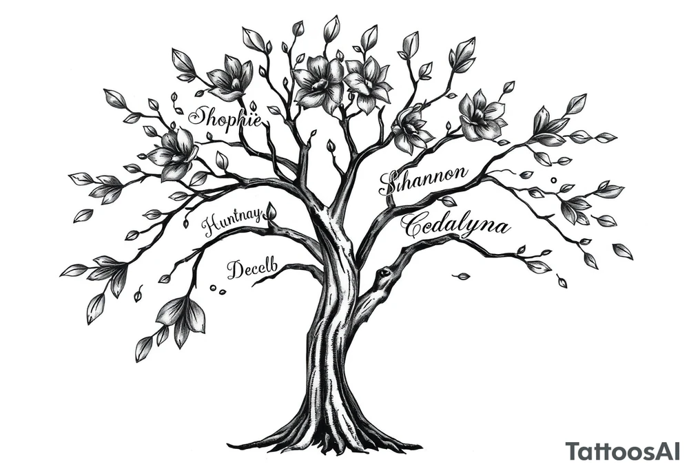 family tree tattoo with names sophie, chloe, shannon, hannah, hunter, jacob and declyn tattoo idea