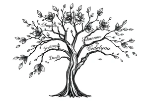 family tree tattoo with names sophie, chloe, shannon, hannah, hunter, jacob and declyn tattoo idea