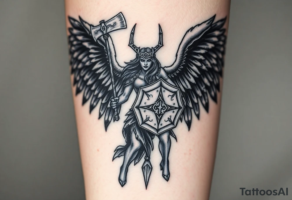 A fierce looking Valkyrie with very big dark wings. The whole body with legs should be visible. 
She's wielding a menacing axe and a sturdy shield with a vegvisir symbol. tattoo idea
