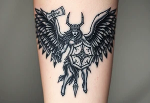 A fierce looking Valkyrie with very big dark wings. The whole body with legs should be visible. 
She's wielding a menacing axe and a sturdy shield with a vegvisir symbol. tattoo idea