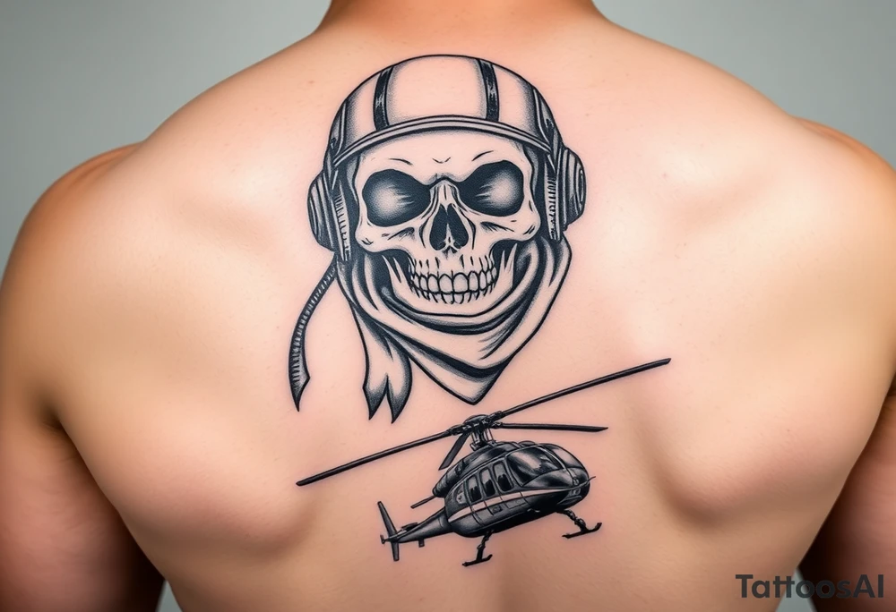 Skull in flying helmet and scarf over a puma helicopter and a wessex helicopter tattoo idea