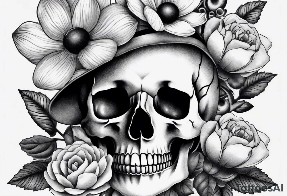 Flowers, potions, small skull, big flowers small snake with dot work in between tattoo idea