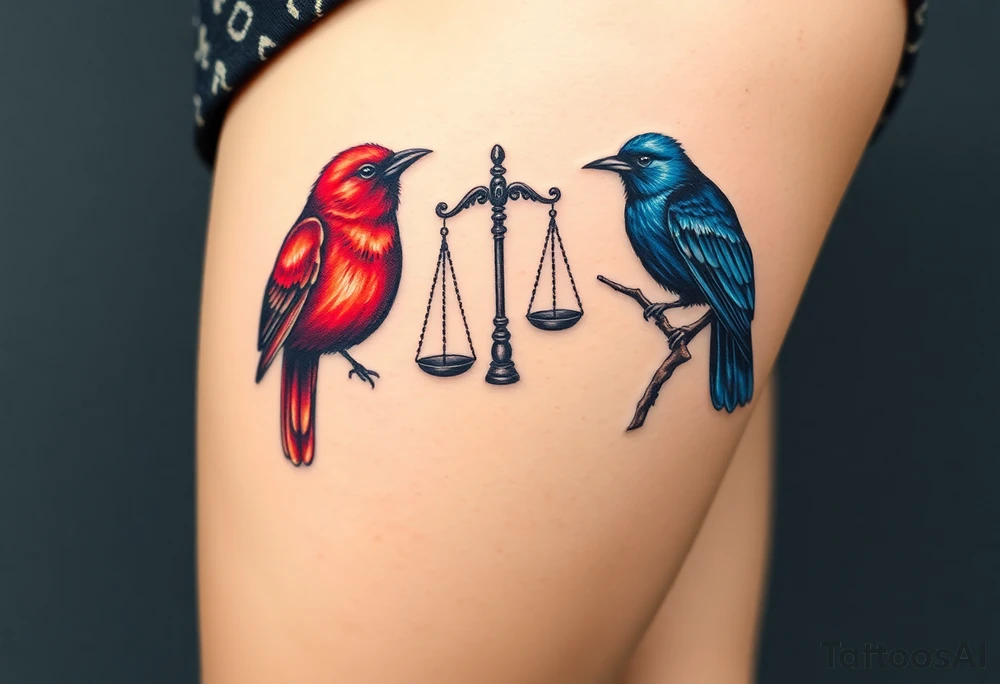 2 birds as the focus, one of the birds red wearing a suit, other bird navy blue with glasses or holding a book, scales of justice built into a tree, starry night painting and mountain background tattoo idea