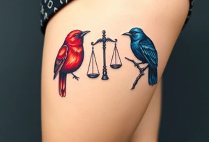 2 birds as the focus, one of the birds red wearing a suit, other bird navy blue with glasses or holding a book, scales of justice built into a tree, starry night painting and mountain background tattoo idea