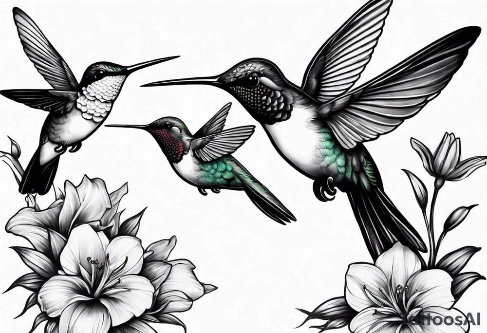 three hummingbirds. One bird is facing left, another is facing right, and the third is flying upward. only hummingbirds. tattoo idea