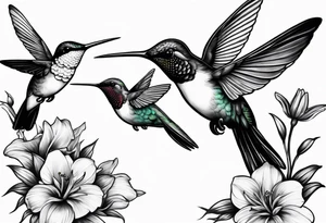 three hummingbirds. One bird is facing left, another is facing right, and the third is flying upward. only hummingbirds. tattoo idea