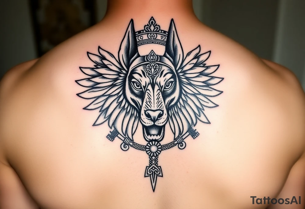 Egyptian Anubis god powerful face muscle in Egypt style dog face surrounded Egyptian symbols based on five elements tattoo idea
