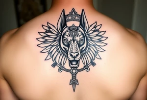 Egyptian Anubis god powerful face muscle in Egypt style dog face surrounded Egyptian symbols based on five elements tattoo idea