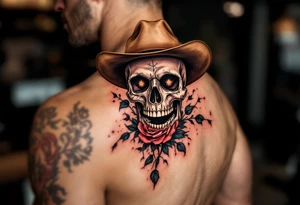 Full skeleton cowboy with rose in teeth tattoo idea