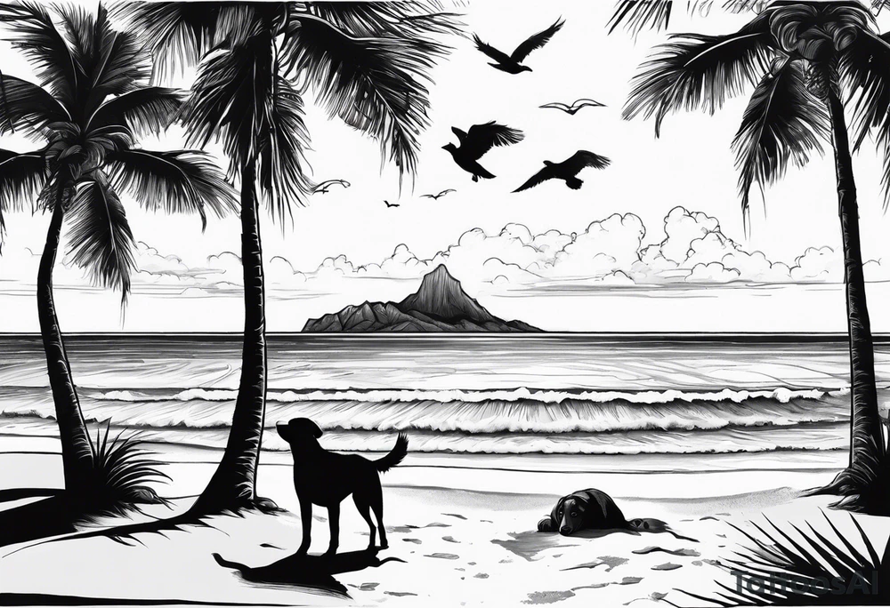 Beach with an ocean in the background with one big palm tree. On the beach there are 2 dogs. In the air there will be a couple birds flying tattoo idea