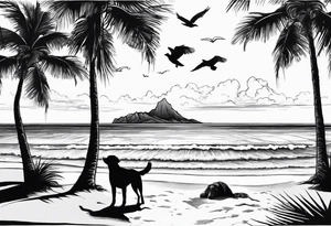 Beach with an ocean in the background with one big palm tree. On the beach there are 2 dogs. In the air there will be a couple birds flying tattoo idea