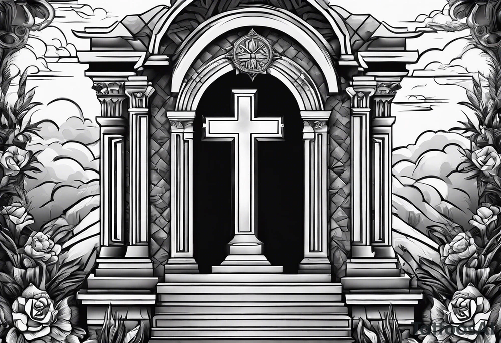 Tomb with cross and sun in the background tattoo idea