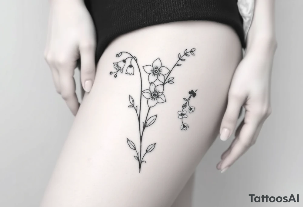 Simple small design in black bunch of flowers individual stems 1 lily of the valley 1 daffodil 1 holly vine 1 larkspur tattoo idea