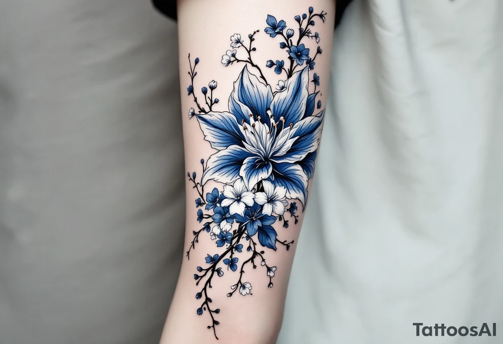 blue spider lily in black and white colours from the anime demon slayer and Cherry Blossoms wrapped around the arm tattoo idea